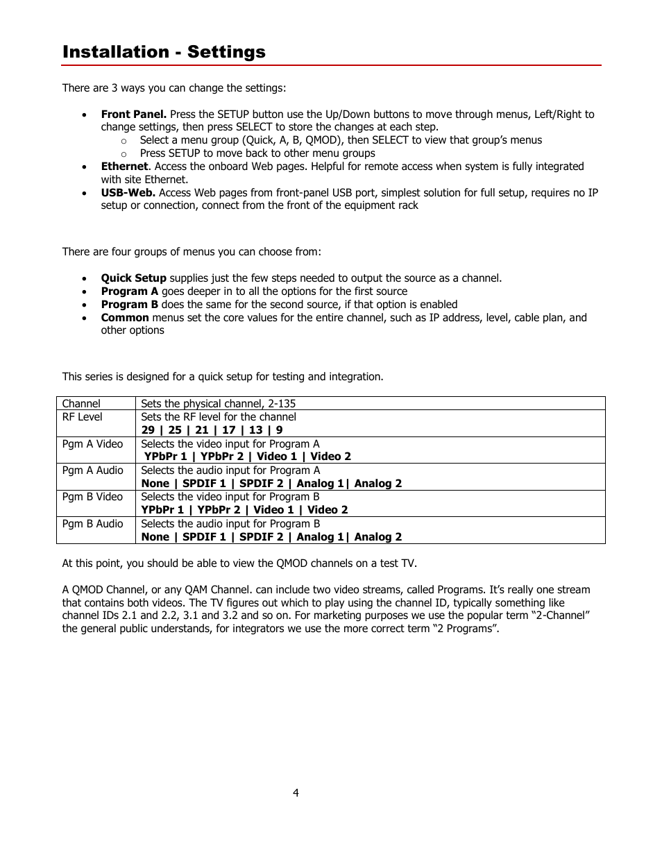 Installation - settings, Front panel menus, Quick setup menus | Contemporary Research QMOD-YPB2 User Manual | Page 4 / 13
