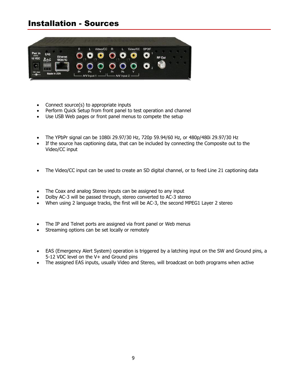 Installation - sources, Process, Component 1 and 2 | Video/cc 1 and 2, Audio inputs, Ethernet | Contemporary Research QMOD-YPB2 User Manual | Page 9 / 13