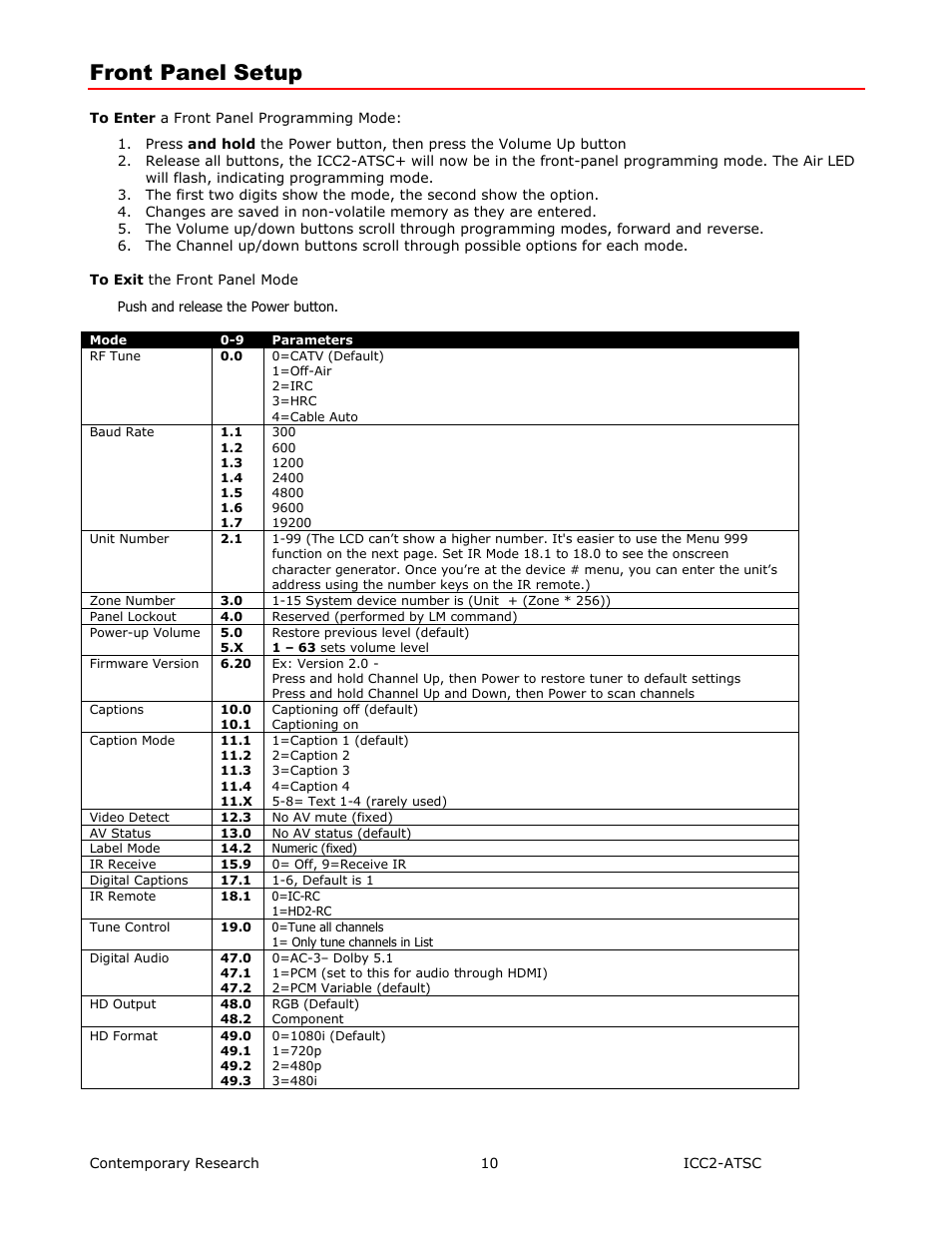 Front panel setup | Contemporary Research ICC2-ATSC+ Manual User Manual | Page 10 / 30