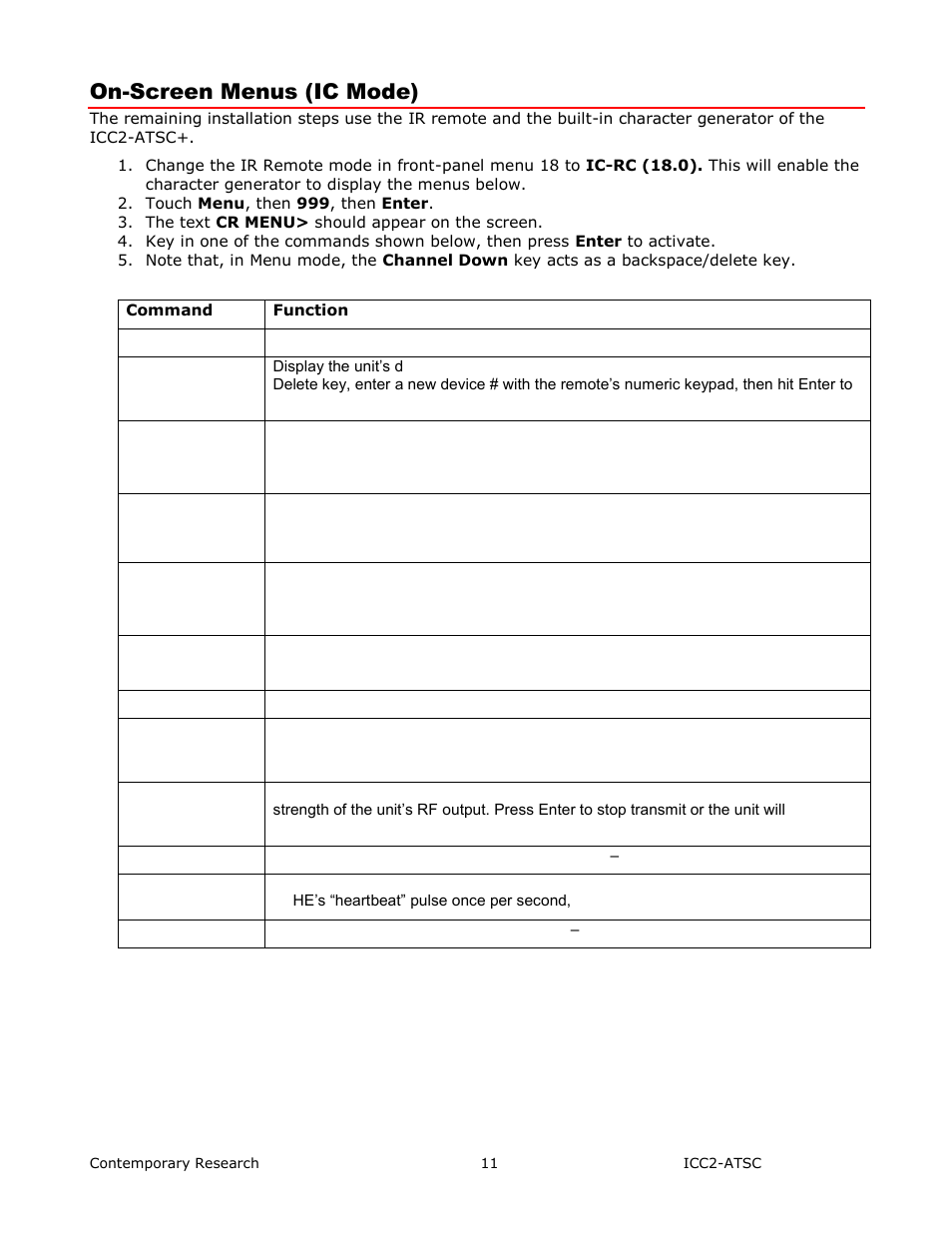 On-screen menus (ic mode) | Contemporary Research ICC2-ATSC+ Manual User Manual | Page 11 / 30