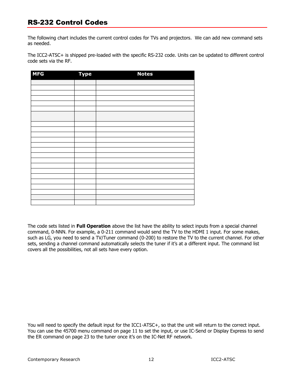 Rs-232 control codes, Input selects, Input command | Contemporary Research ICC2-ATSC+ Manual User Manual | Page 12 / 30