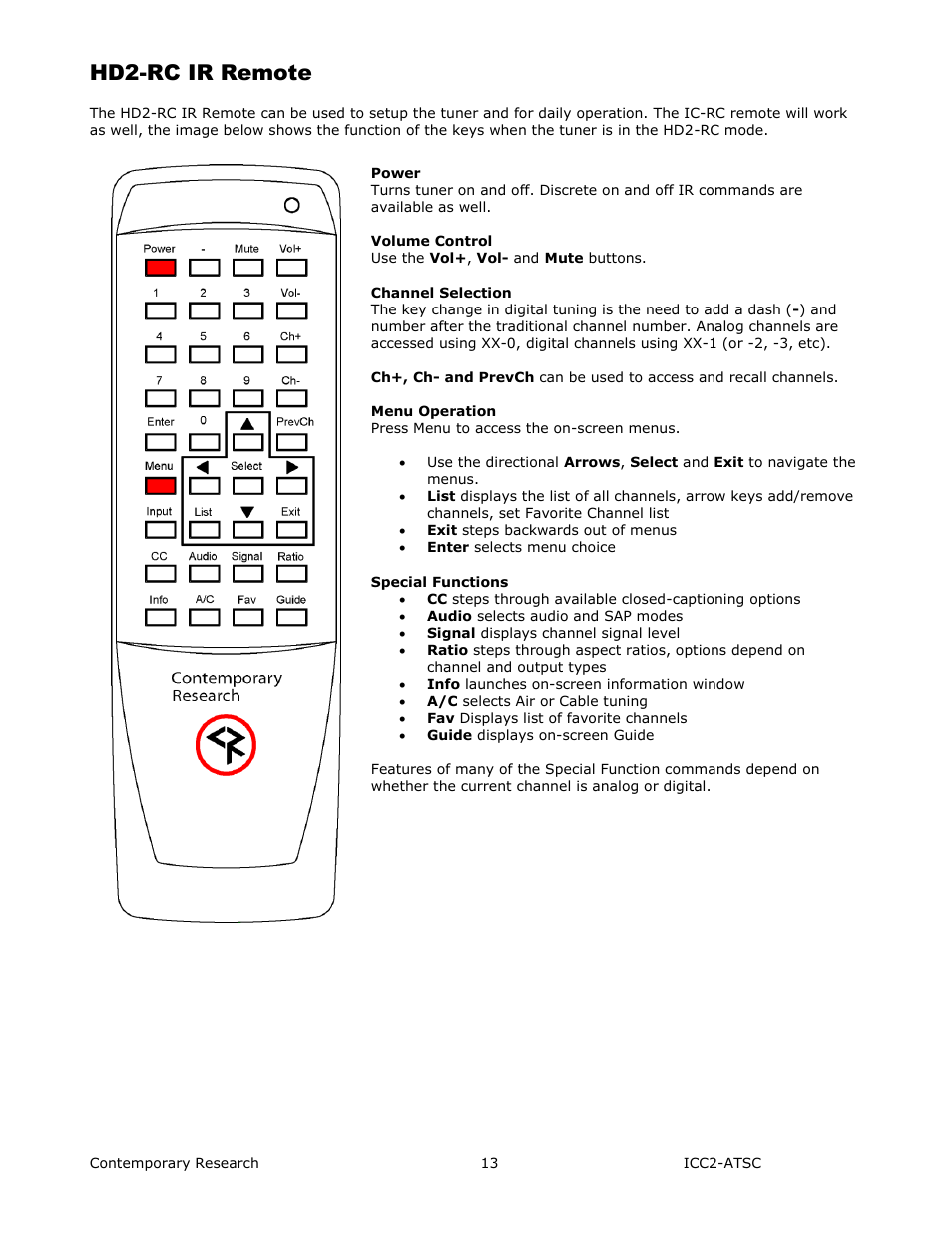 Hd2-rc ir remote | Contemporary Research ICC2-ATSC+ Manual User Manual | Page 13 / 30
