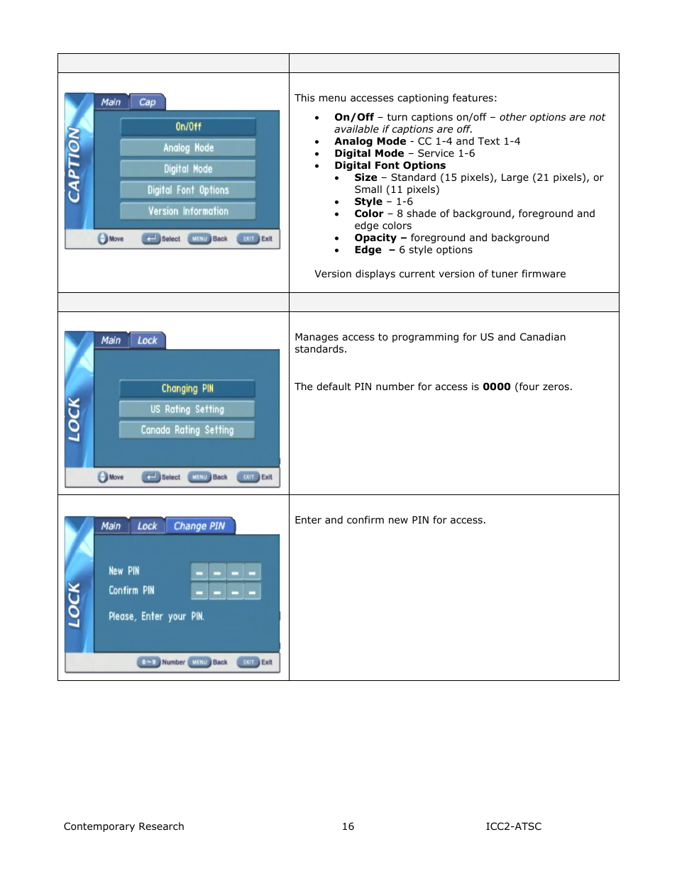 Caption menus, V-chip settings menus | Contemporary Research ICC2-ATSC+ Manual User Manual | Page 16 / 30