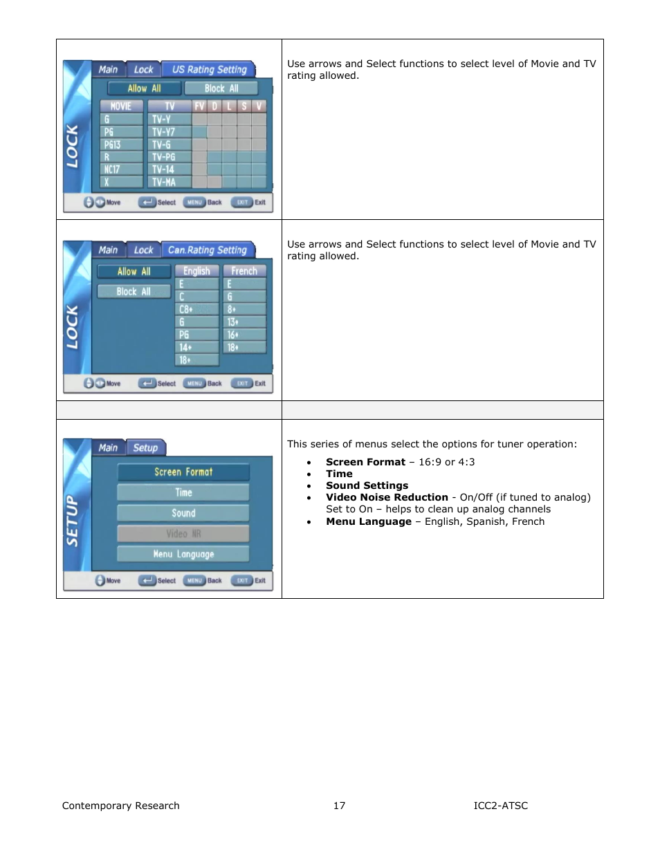 Setup menus | Contemporary Research ICC2-ATSC+ Manual User Manual | Page 17 / 30