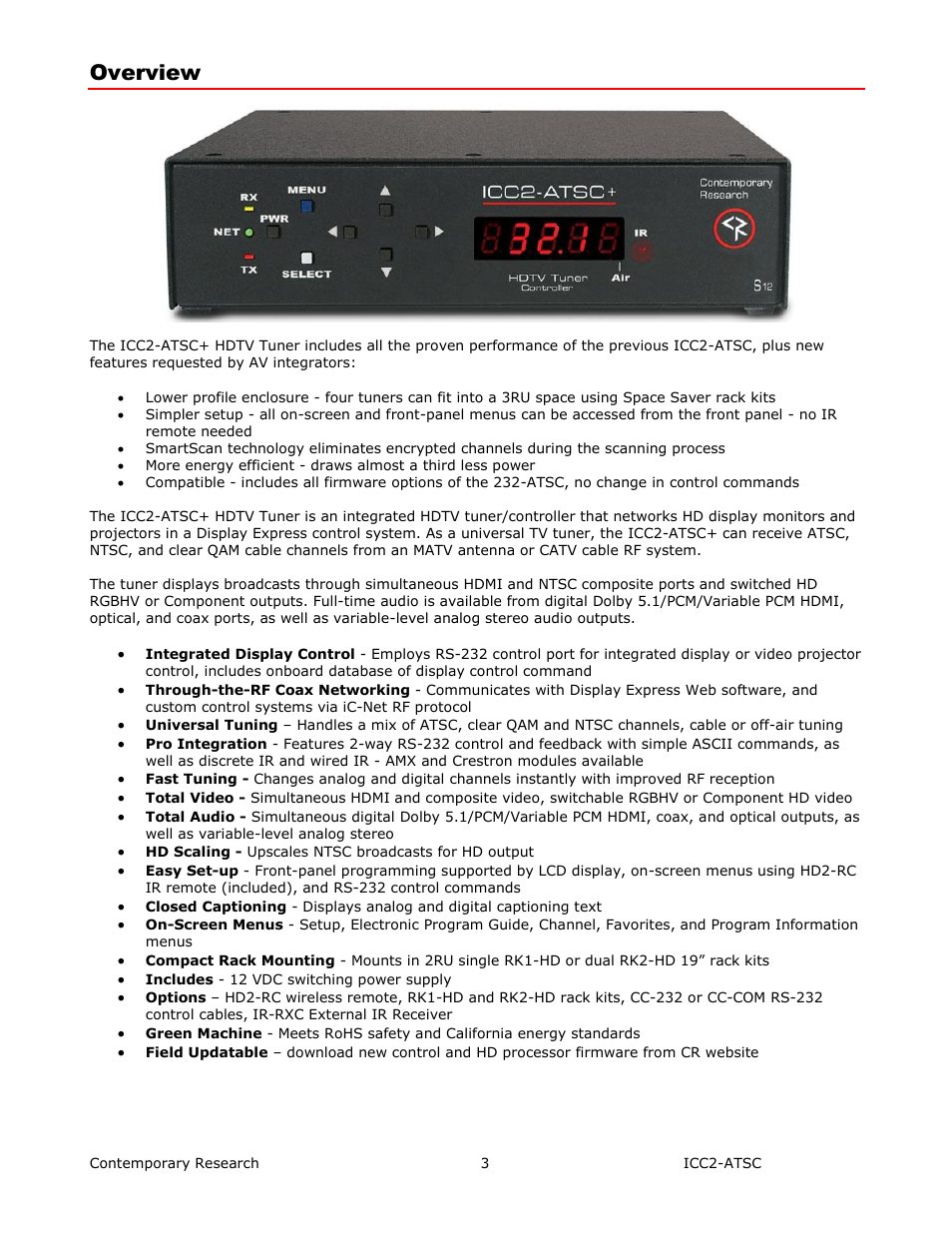 Overview | Contemporary Research ICC2-ATSC+ Manual User Manual | Page 3 / 30