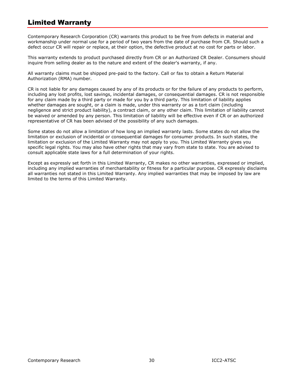 Limited warranty | Contemporary Research ICC2-ATSC+ Manual User Manual | Page 30 / 30