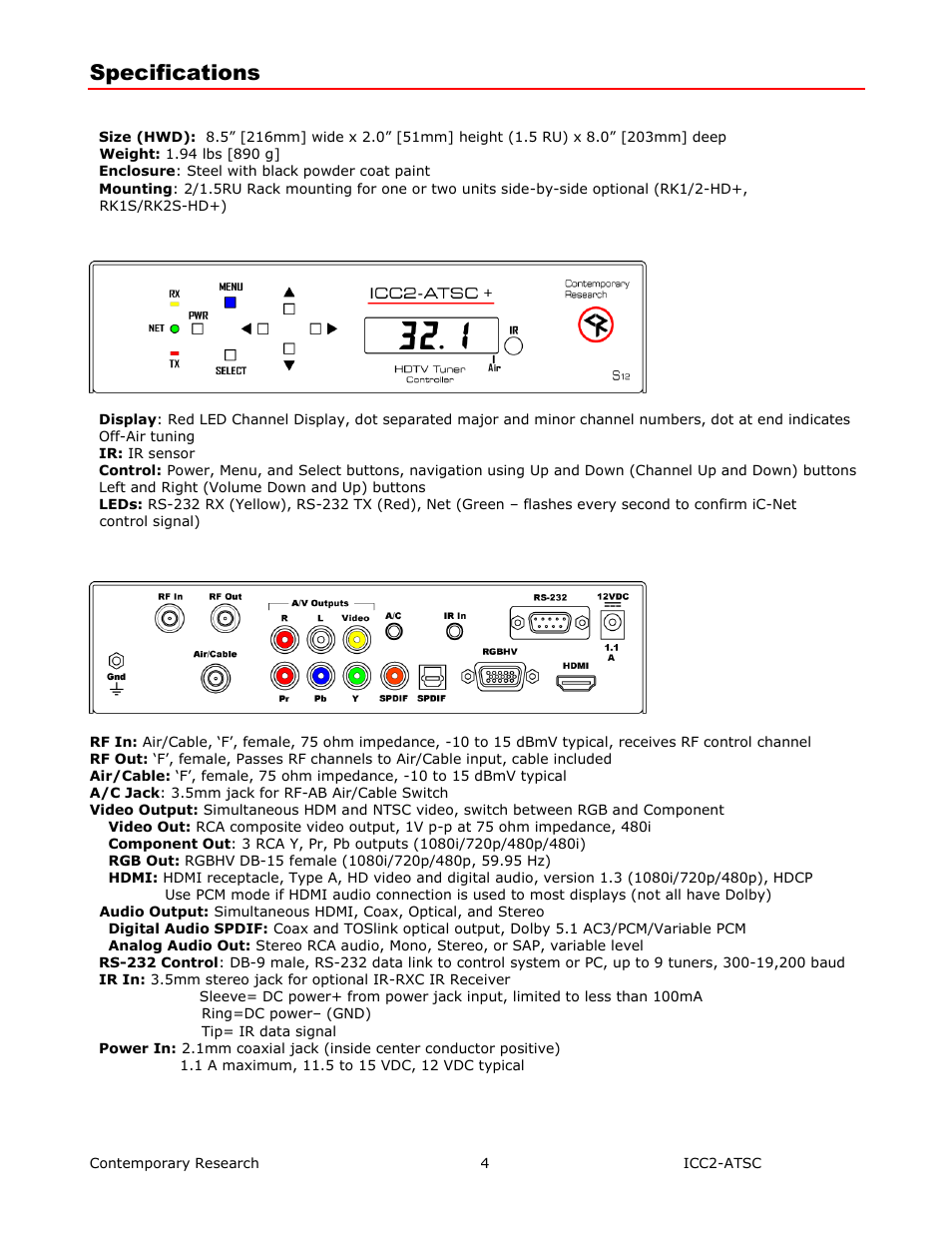 Specifications | Contemporary Research ICC2-ATSC+ Manual User Manual | Page 4 / 30