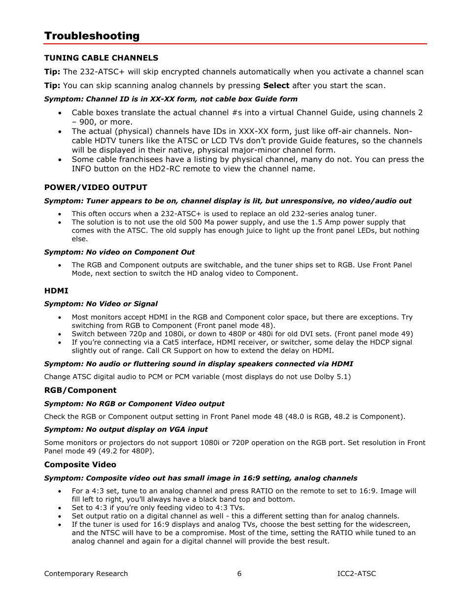 Troubleshooting | Contemporary Research ICC2-ATSC+ Manual User Manual | Page 6 / 30
