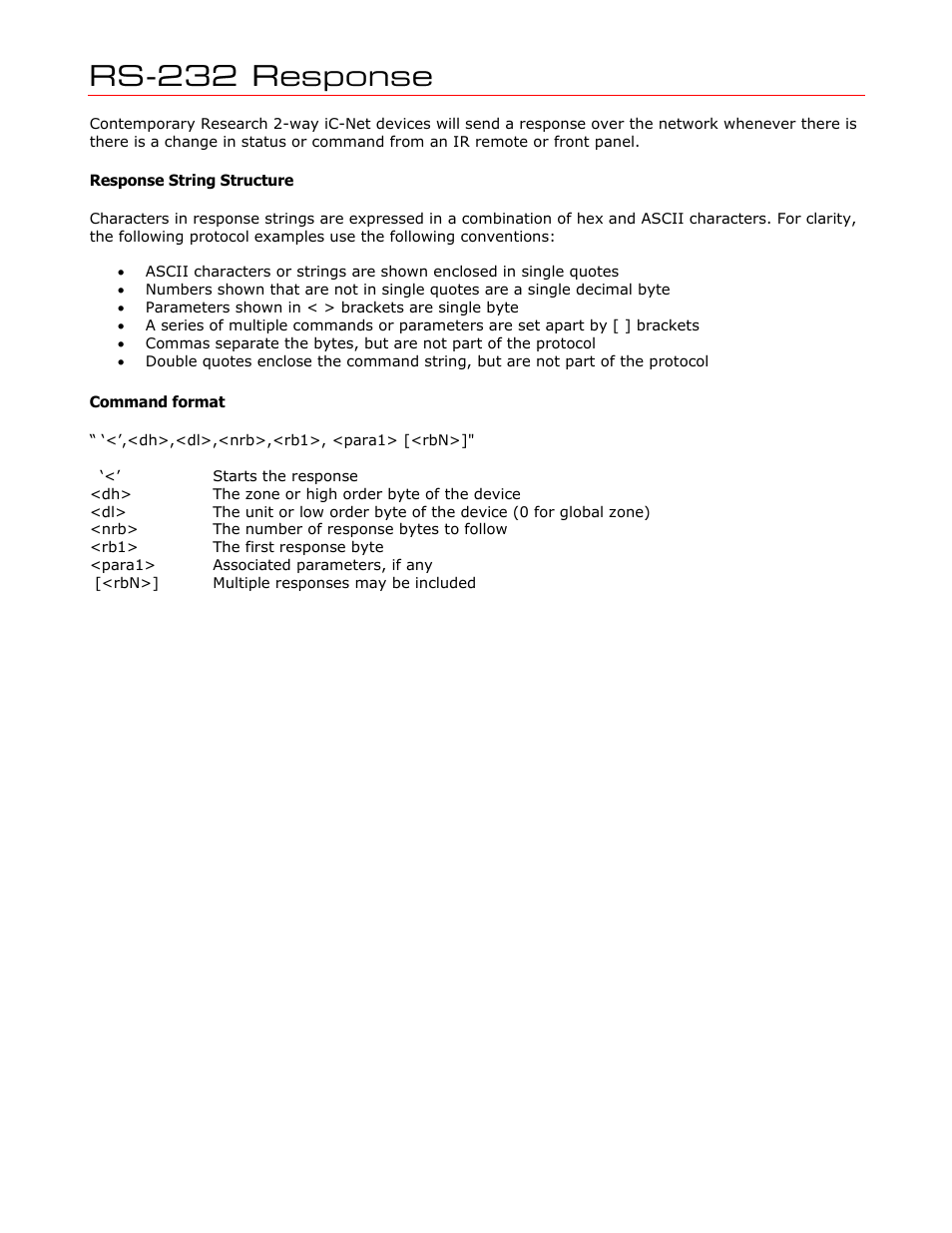 Rs-232 response, Response string structure, Command format | Contemporary Research ICE-HE User Manual | Page 19 / 27