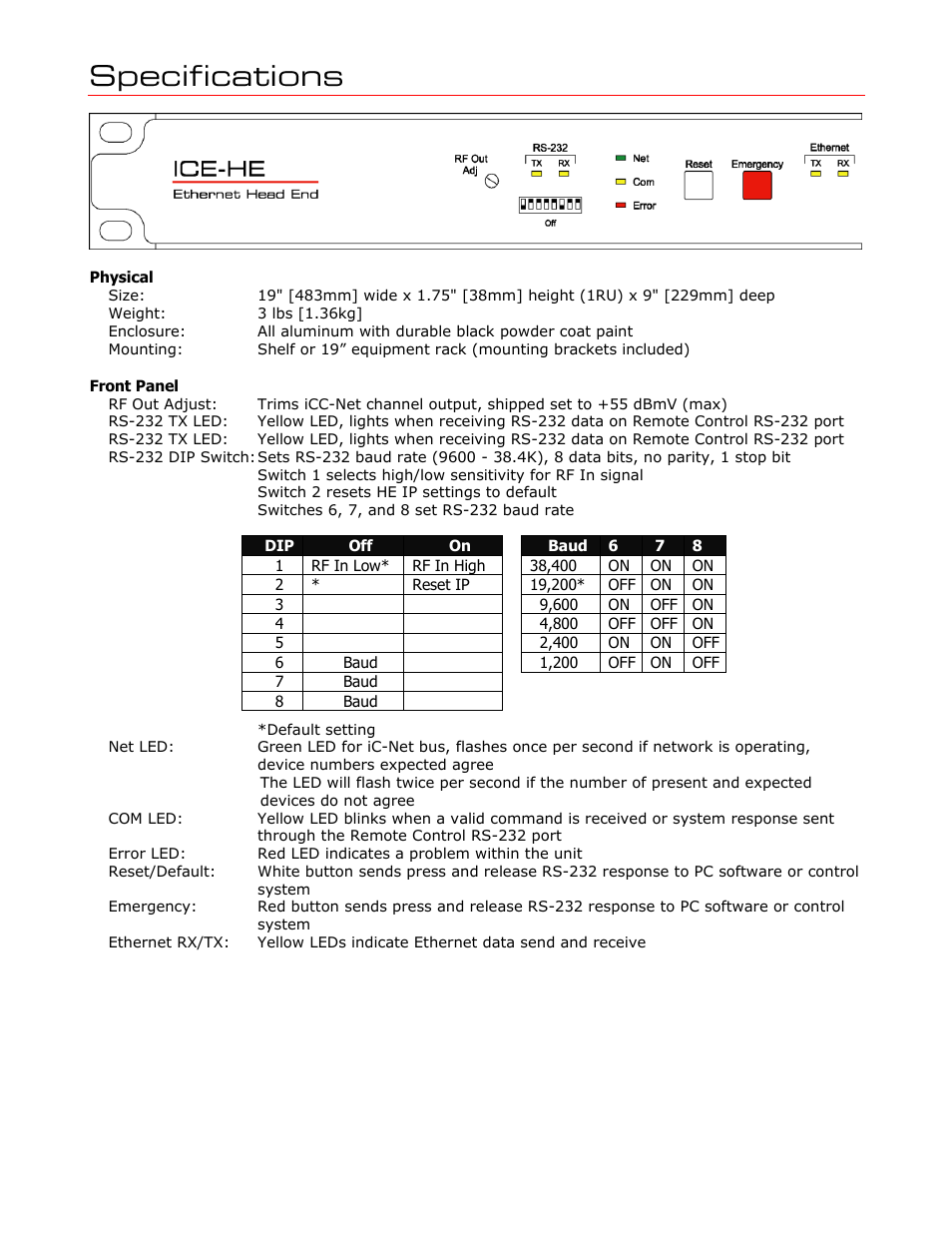 Specifications, Physical, Front panel | Contemporary Research ICE-HE User Manual | Page 4 / 27