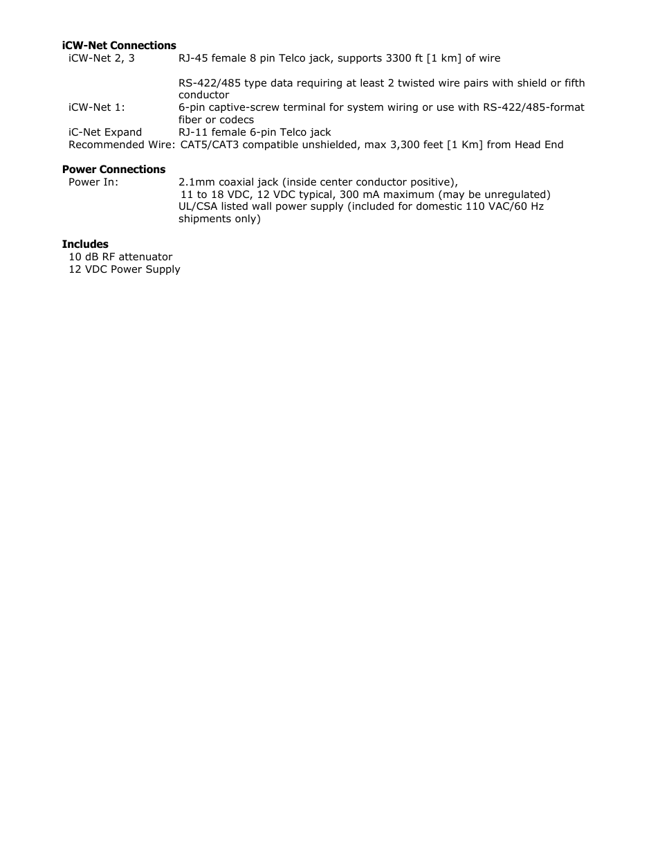 Icw-net connections, Power connections, Includes | Contemporary Research ICE-HE User Manual | Page 6 / 27
