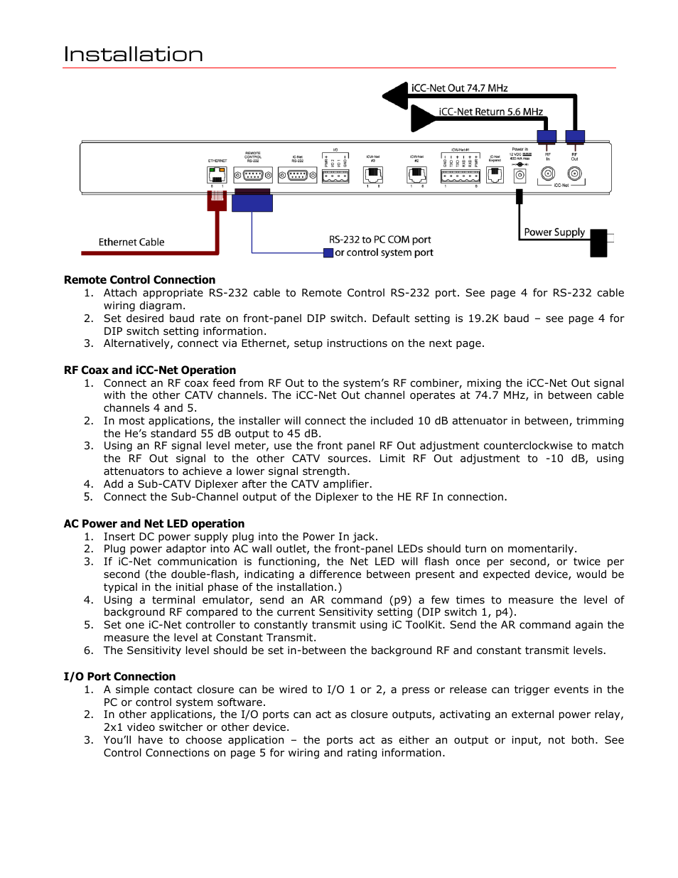 Installation, Remote control connection, Rf coax and icc-net operation | Ac power and net led operation, I/o port connection | Contemporary Research ICE-HE User Manual | Page 7 / 27