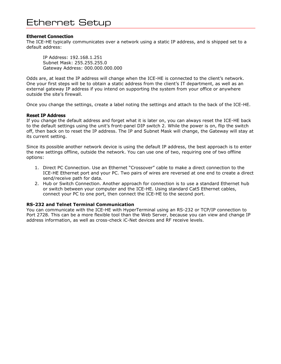 Ethernet setup, Ethernet connection, Reset ip address | Rs-232 and telnet terminal communication | Contemporary Research ICE-HE User Manual | Page 8 / 27