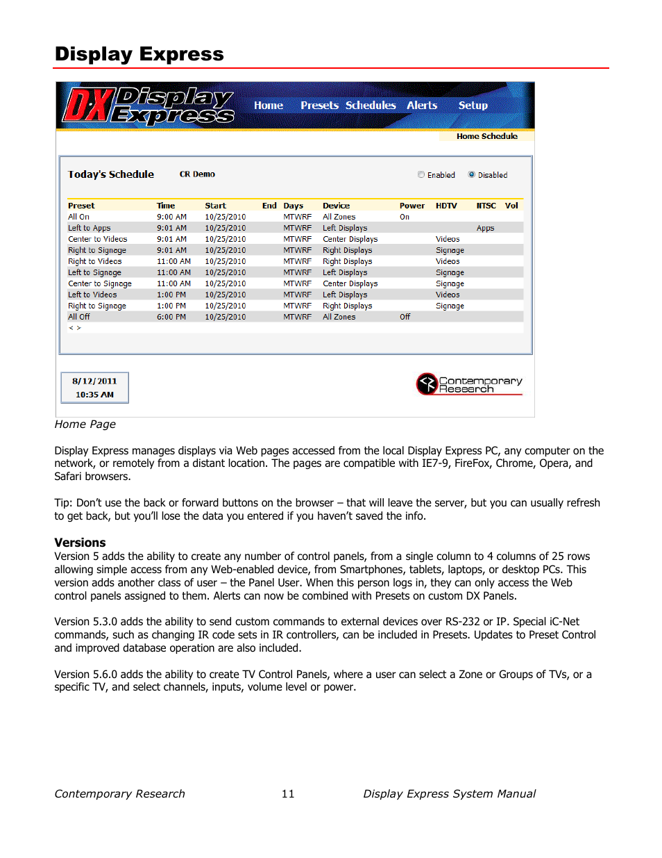 Display express, Versions | Contemporary Research SW-DX Manual User Manual | Page 11 / 36