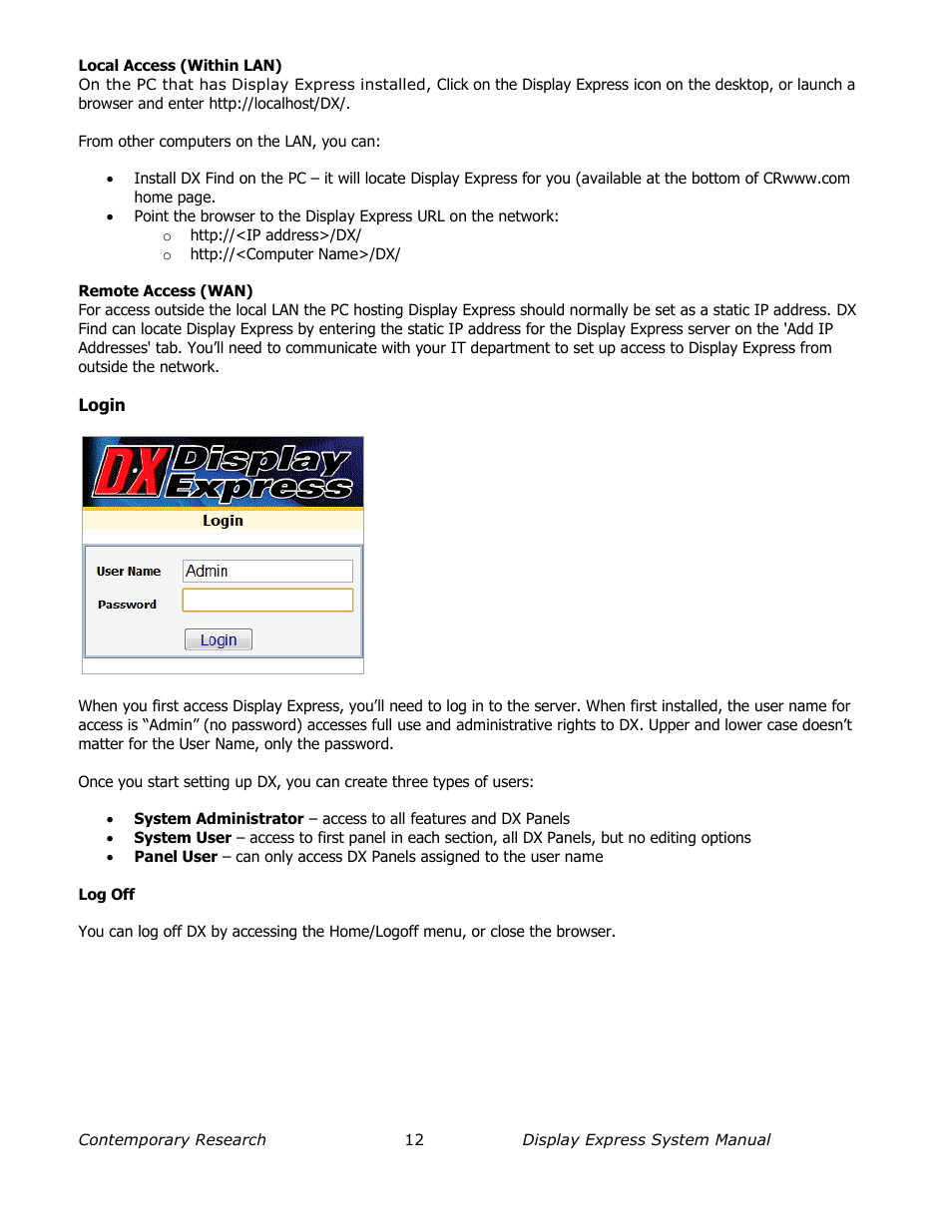Local access (within lan), Login | Contemporary Research SW-DX Manual User Manual | Page 12 / 36