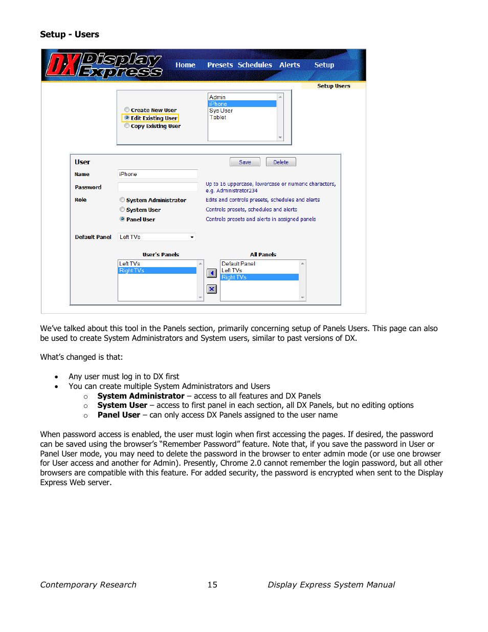 Setup - users | Contemporary Research SW-DX Manual User Manual | Page 15 / 36