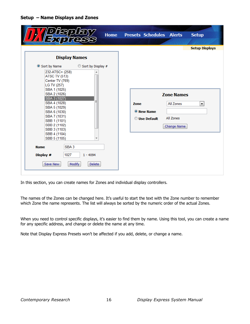 Setup – name displays and zones, Changing zone names, Display names | Contemporary Research SW-DX Manual User Manual | Page 16 / 36