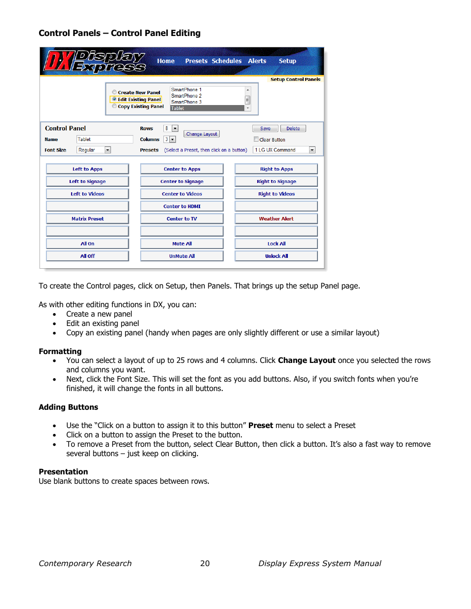 Control panels – control panel editing | Contemporary Research SW-DX Manual User Manual | Page 20 / 36
