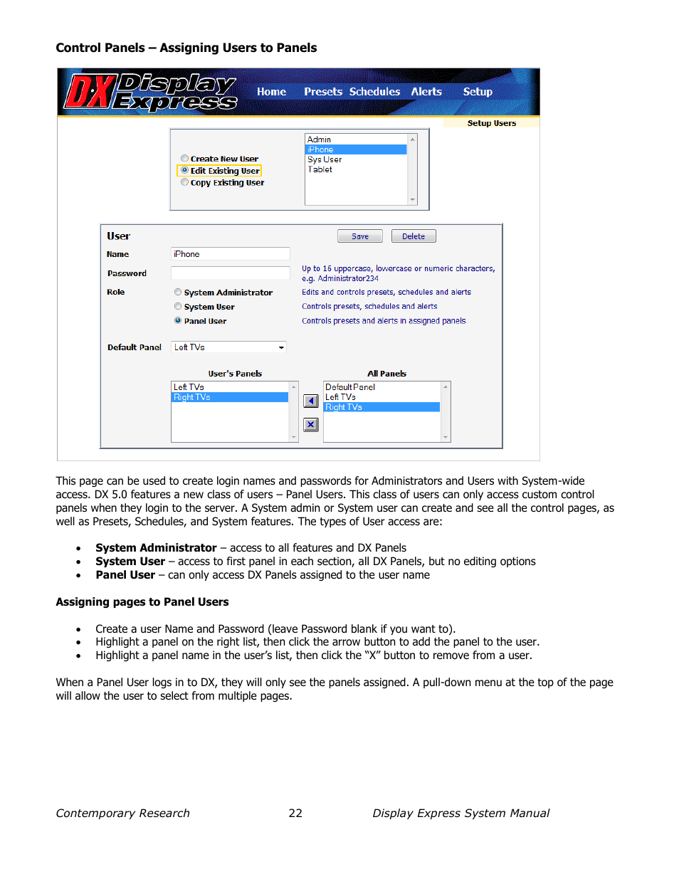 Control panels – assigning users to panels | Contemporary Research SW-DX Manual User Manual | Page 22 / 36