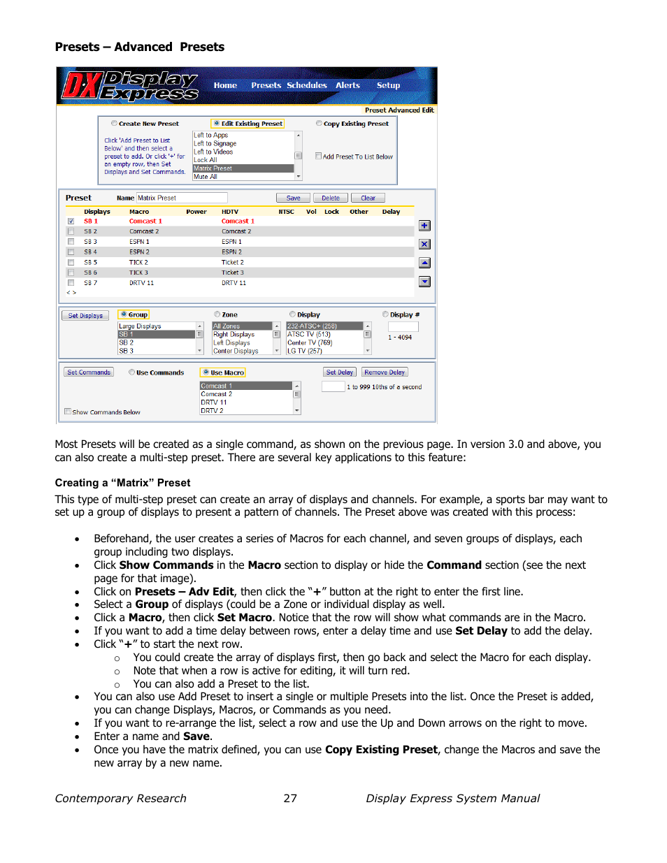 Presets – advanced presets, Creating a “matrix” preset | Contemporary Research SW-DX Manual User Manual | Page 27 / 36
