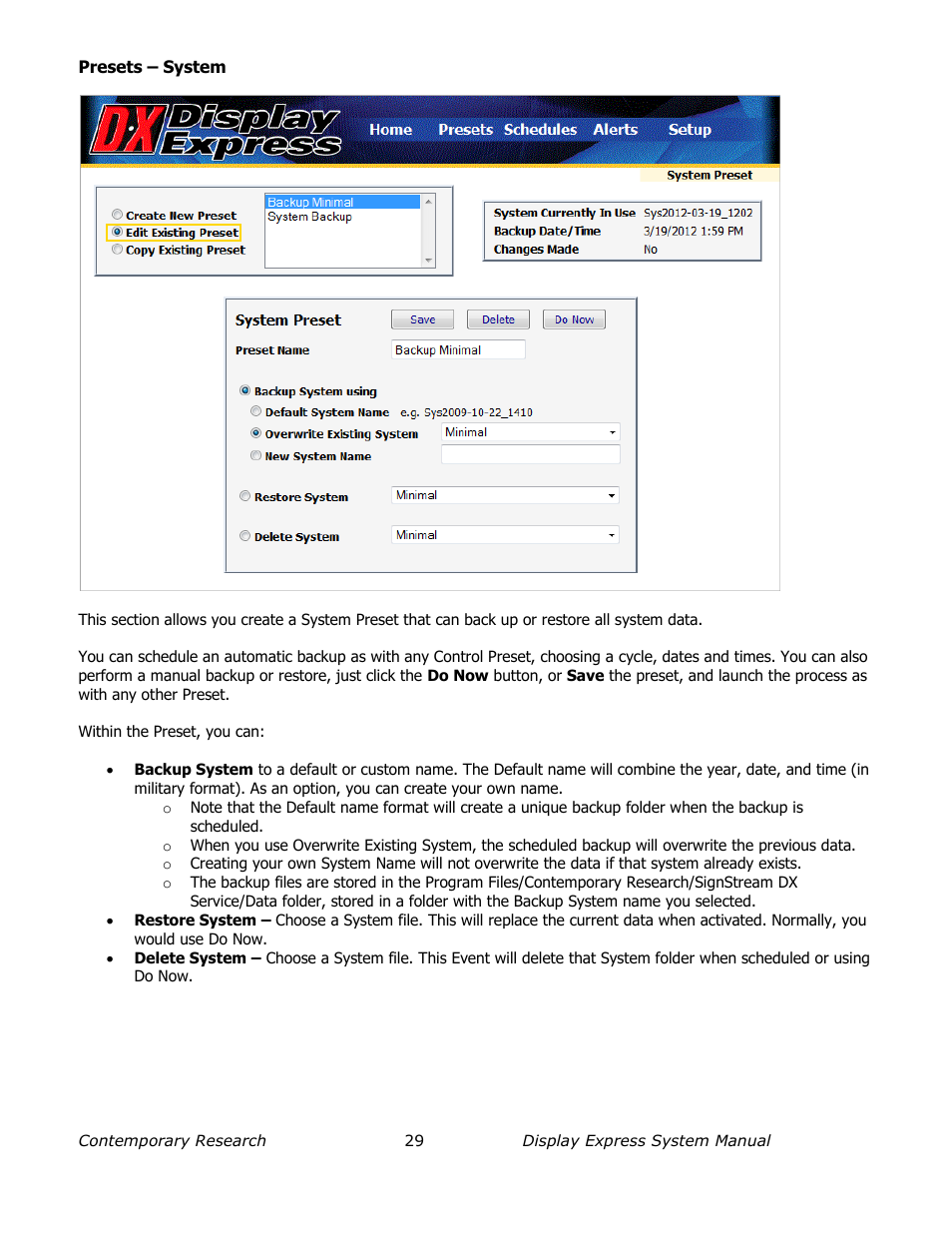 Presets – system | Contemporary Research SW-DX Manual User Manual | Page 29 / 36