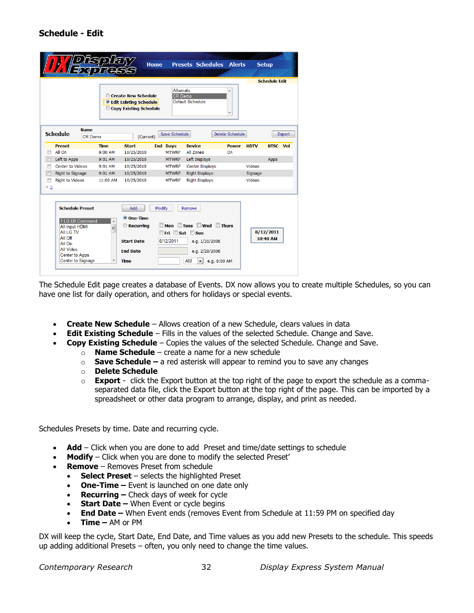 Schedule - edit, Schedule modes, Schedule preset | Contemporary Research SW-DX Manual User Manual | Page 32 / 36