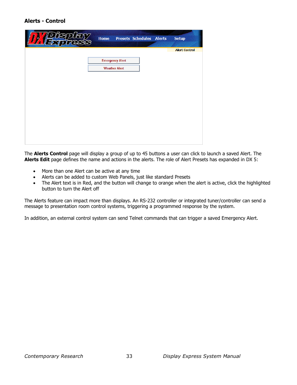 Alerts - control | Contemporary Research SW-DX Manual User Manual | Page 33 / 36