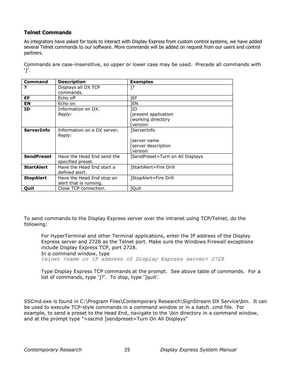 Telnet commands, Display express tcp, Sscmd | Contemporary Research SW-DX Manual User Manual | Page 35 / 36
