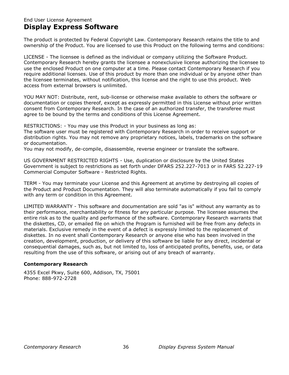 Display express software | Contemporary Research SW-DX Manual User Manual | Page 36 / 36