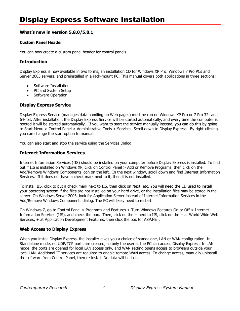 Display express software installation, What’s new in version 5.8.0/5.8.1, Introduction | Display express service, Internet information services, Web access to display express | Contemporary Research SW-DX Manual User Manual | Page 4 / 36
