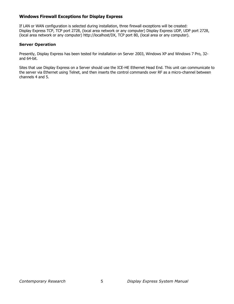 Windows firewall exceptions for display express | Contemporary Research SW-DX Manual User Manual | Page 5 / 36