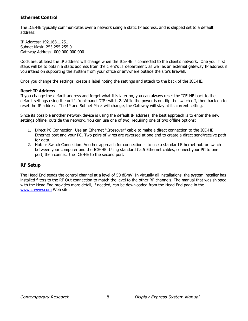 Ethernet control, Reset ip address, Rf setup | Contemporary Research SW-DX Manual User Manual | Page 8 / 36