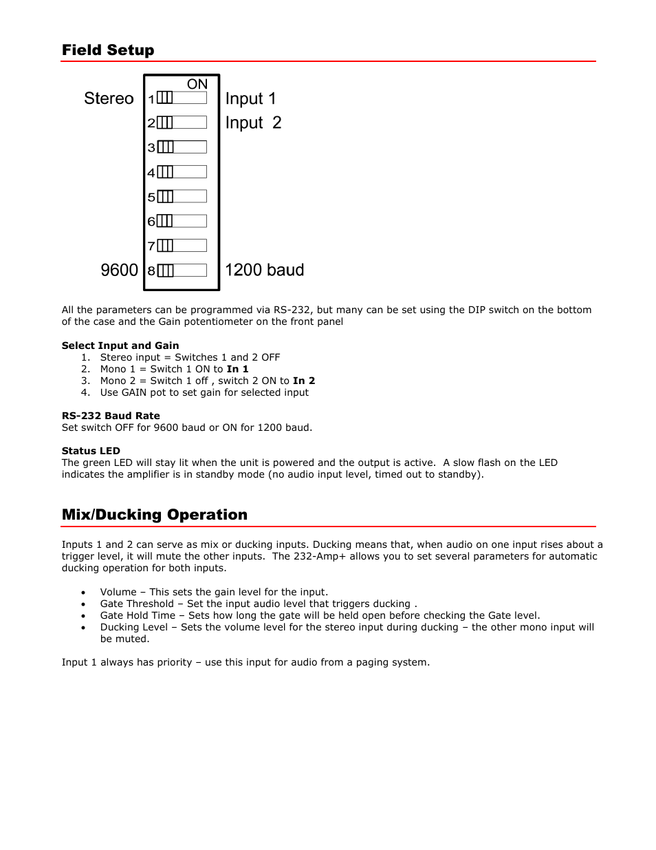 Field setup, Mix/ducking operation | Contemporary Research 232-Amp+W User Manual | Page 5 / 13