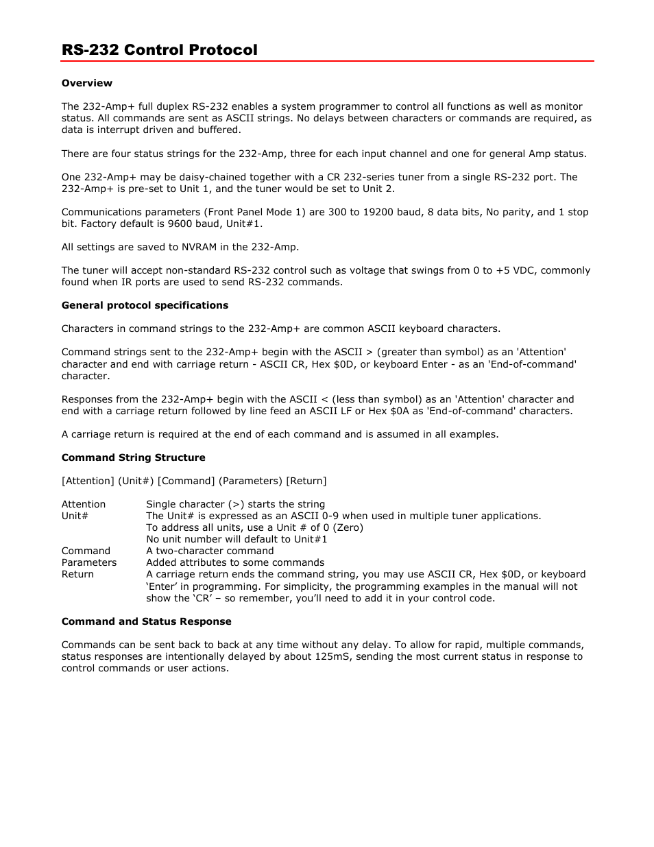 Rs-232 control protocol | Contemporary Research 232-Amp+W User Manual | Page 6 / 13