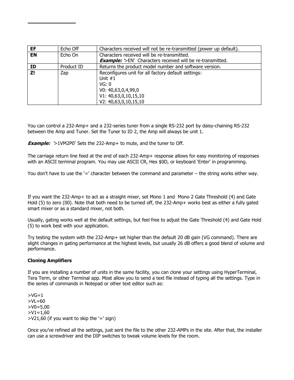 Terminal communication commands, Rs-232 command hints and tips, Gating and volume | Contemporary Research 232-Amp+W User Manual | Page 8 / 13