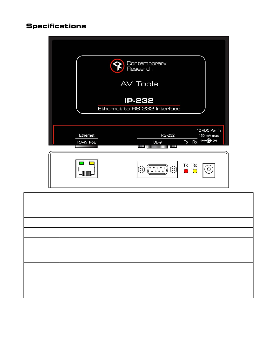 Specifications | Contemporary Research IP-232 Ethernet to RS-232 Interface User Manual | Page 4 / 9