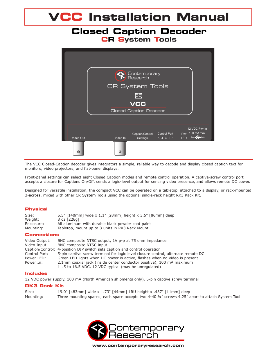 Contemporary Research VCC User Manual | 2 pages