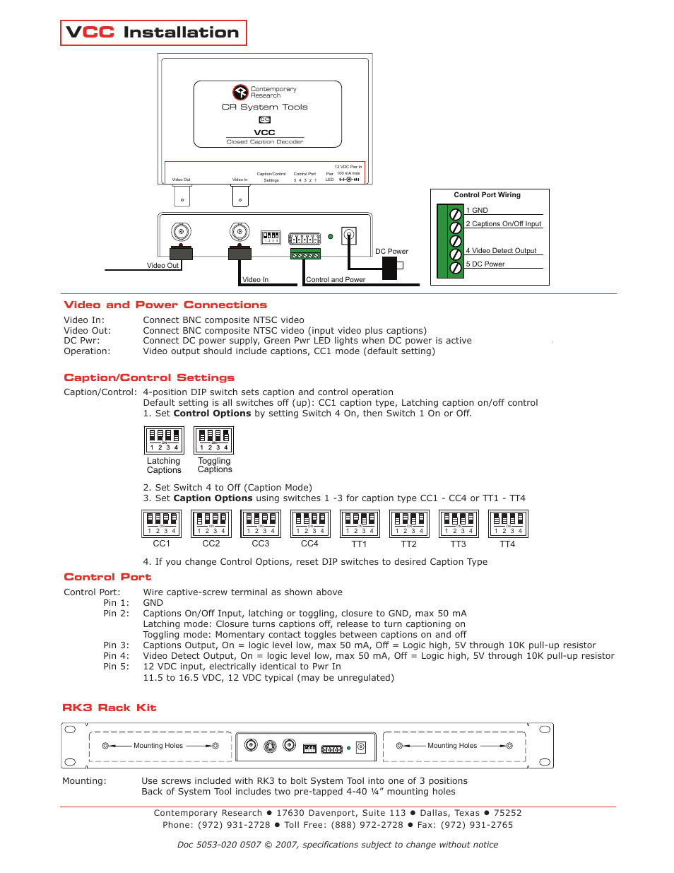 Vcc installation, Rk3 rack kit, Video and power connections | Caption/control settings, Control port | Contemporary Research VCC User Manual | Page 2 / 2