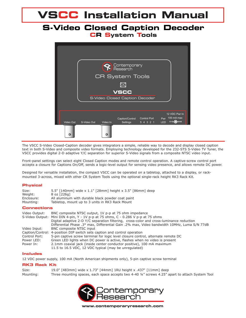 Contemporary Research VSCC User Manual | 2 pages