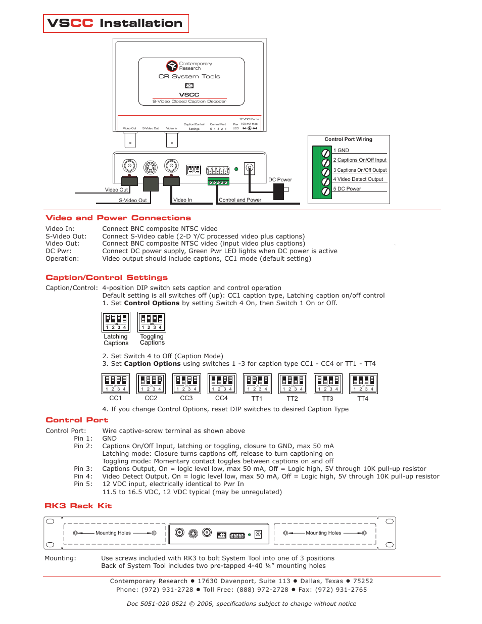 Vs cc installation, Rk3 rack kit, Video and power connections | Caption/control settings, Control port | Contemporary Research VSCC User Manual | Page 2 / 2