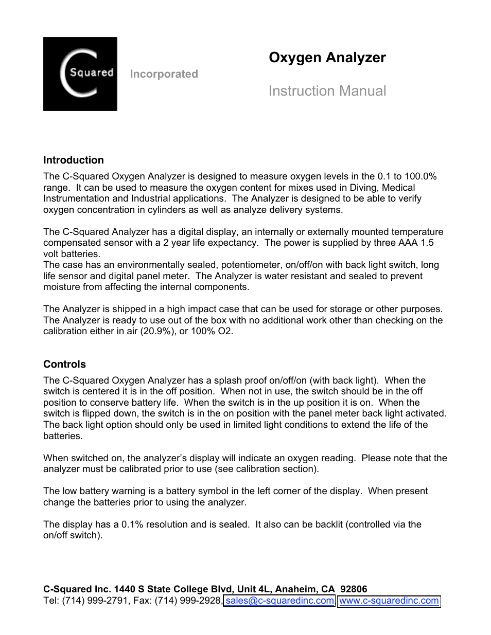 C-Squared Oxygen Analyzer Manual User Manual | 4 pages