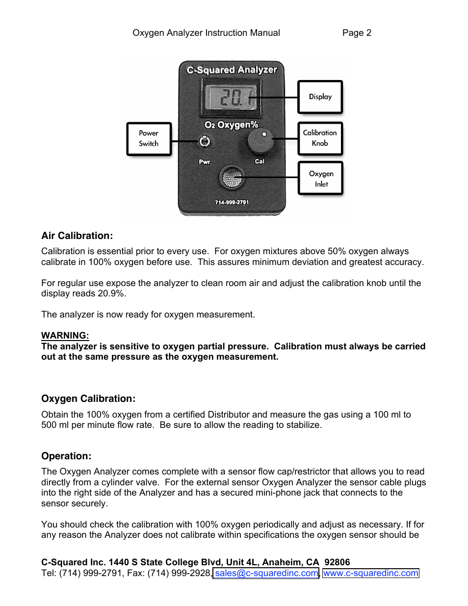 C-Squared Oxygen Analyzer Manual User Manual | Page 2 / 4