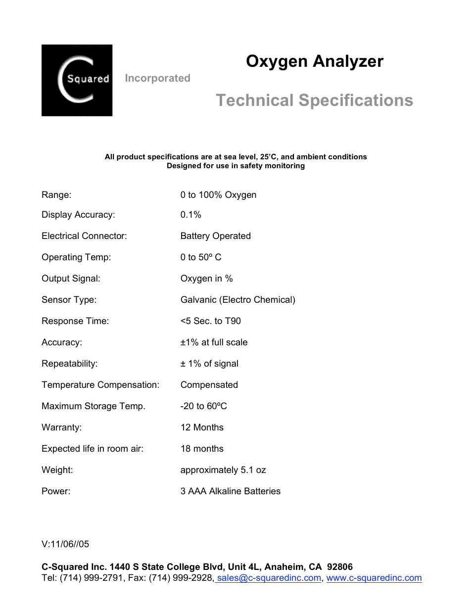 C-Squared Oxygen Analyzer Specifications User Manual | 1 page