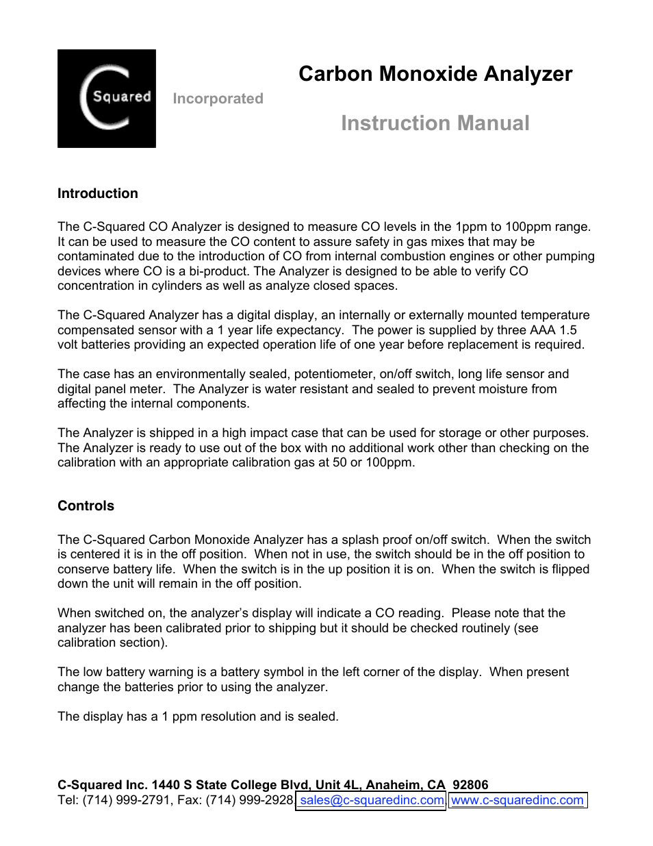 C-Squared CO Analyzer Manual User Manual | 4 pages