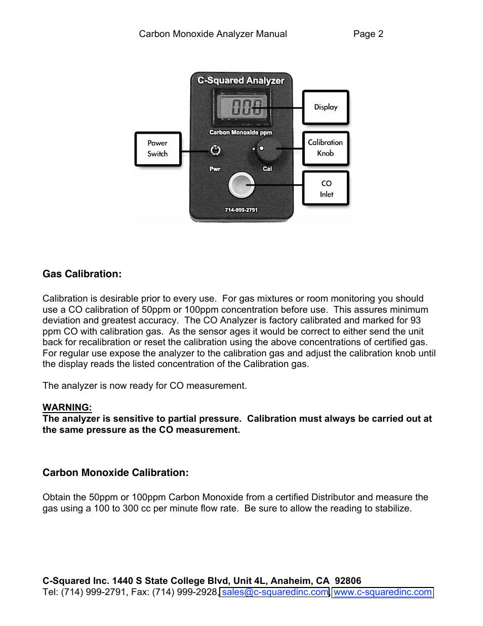 C-Squared CO Analyzer Manual User Manual | Page 2 / 4