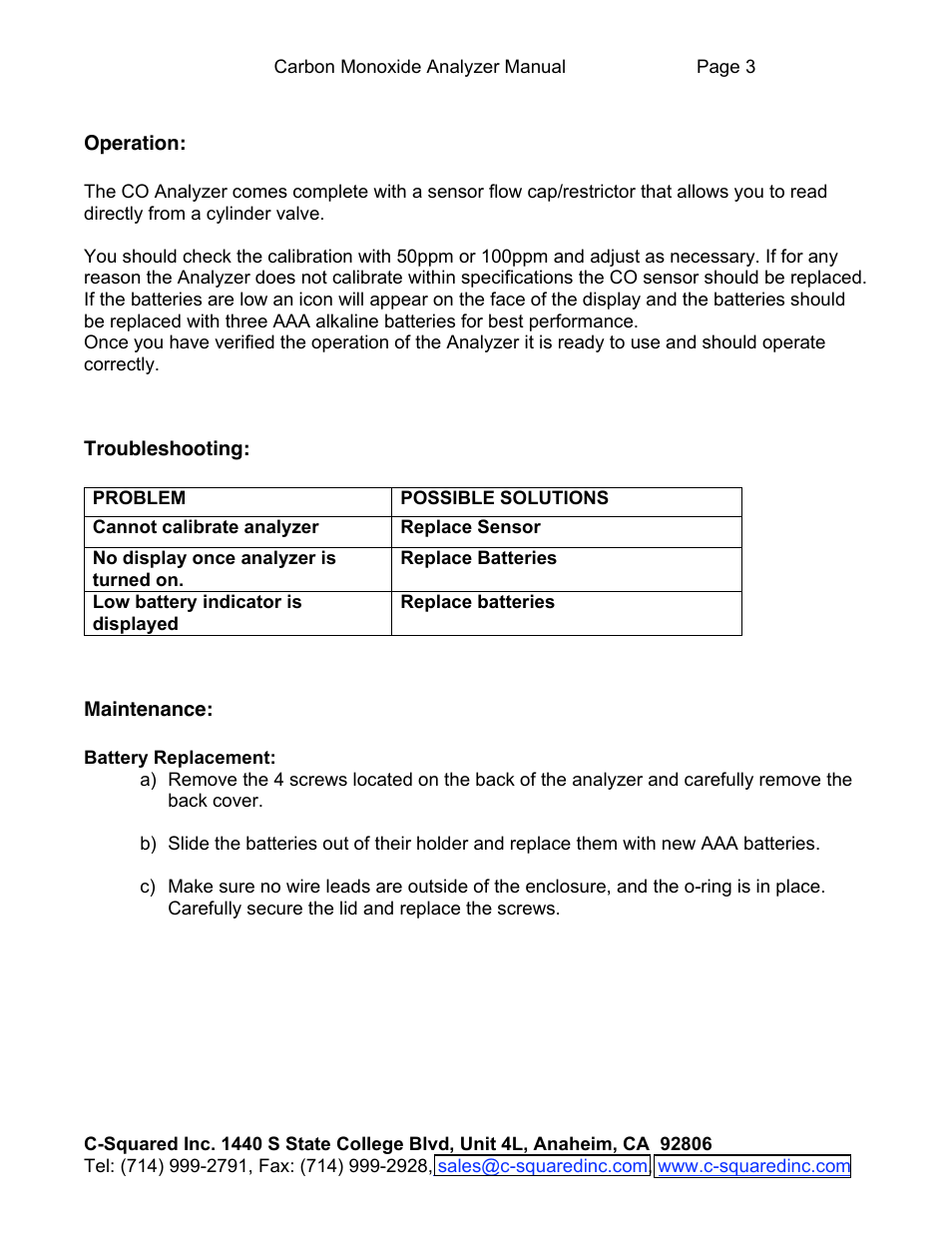 C-Squared CO Analyzer Manual User Manual | Page 3 / 4