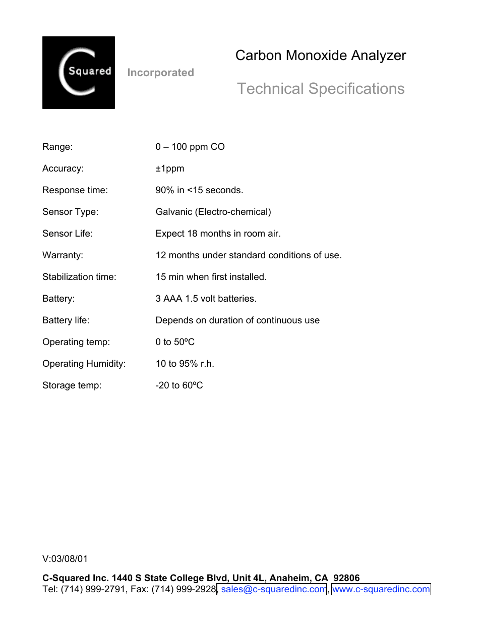 C-Squared CO Analyzer Specifications User Manual | 1 page