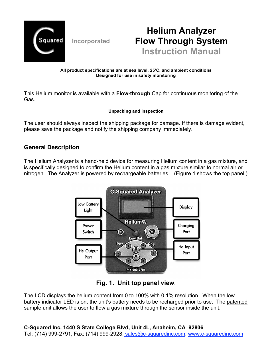 C-Squared He Analyzer Flow Through Manual User Manual | 2 pages
