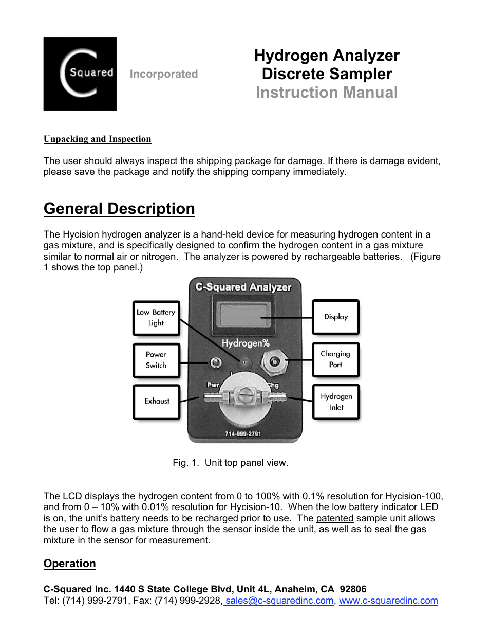 C-Squared Hydrogen Discrete Analyzer Manual User Manual | 3 pages