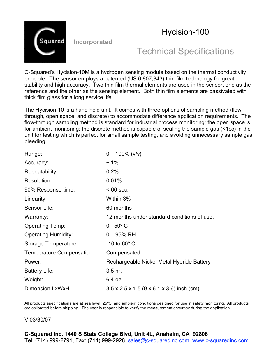 C-Squared Hydrogen-100 Analyzer Specifications User Manual | 1 page